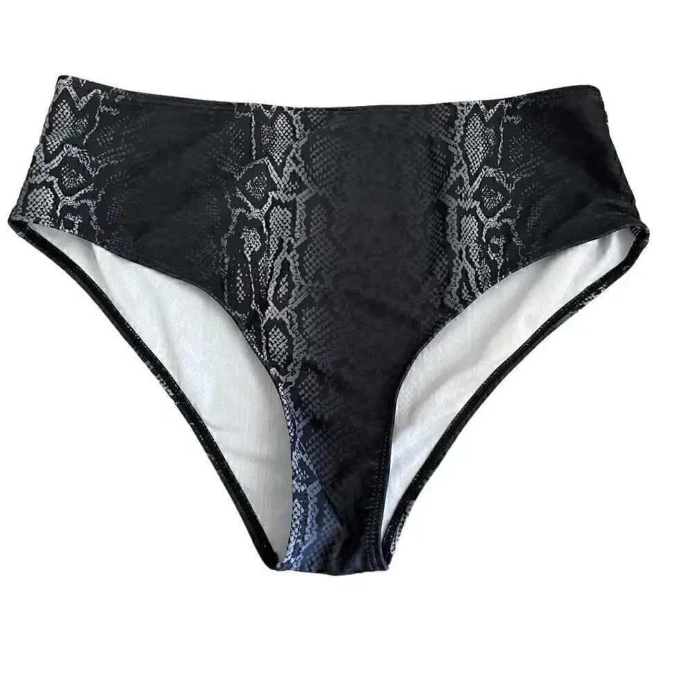 Snake Print Black High Waist Swimming Bikini Briefs SZ L # 1476